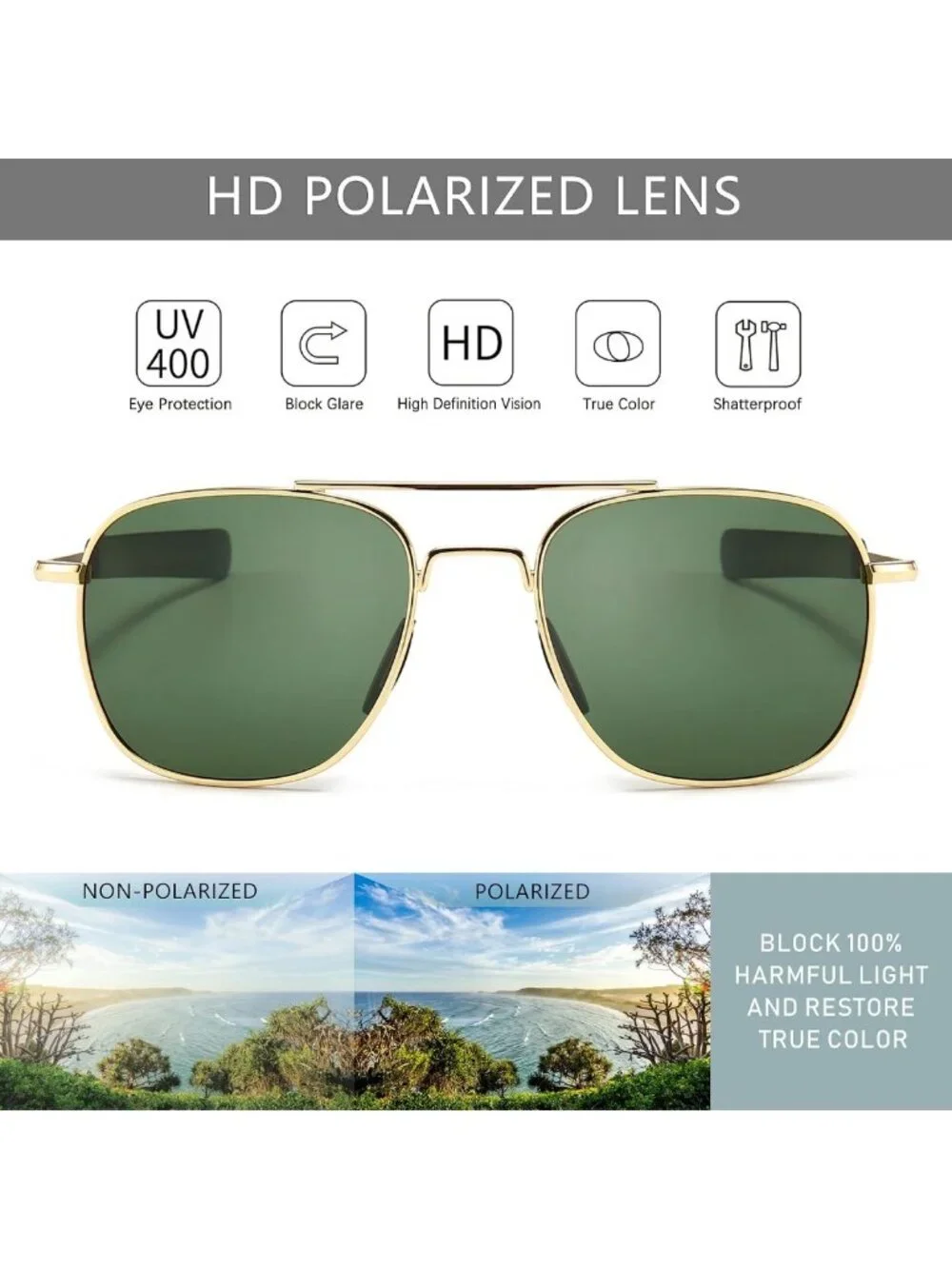 Men's Military Style Polarized Aviator Sunglasses with Bayonet Temples - UV